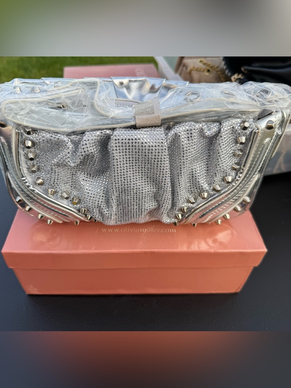 Olivia Miller Silver Crystal-Embellished Studded Evening Clutch